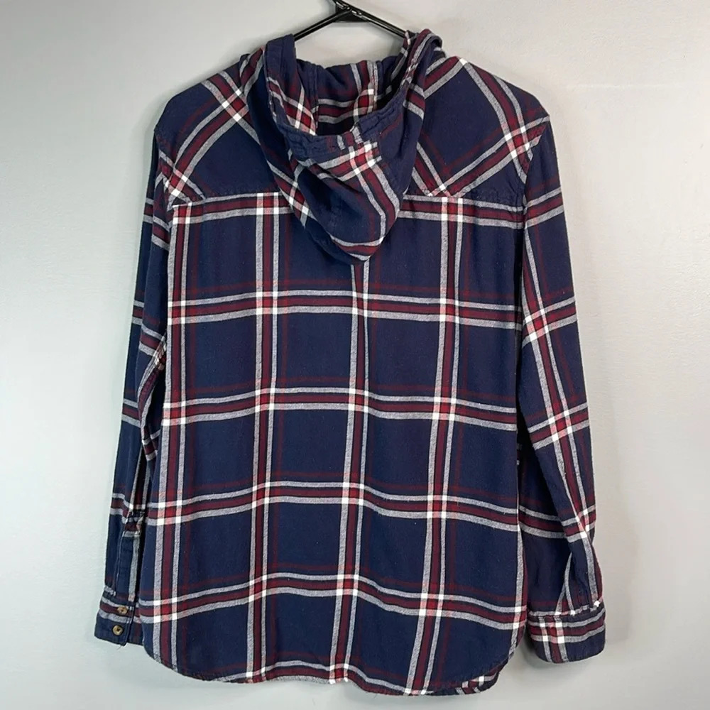 GARAGE Boyfriend Fit Plaid Hooded Flannel Shirt Navy Blue Burgundy White Size M - Picture 8 of 13